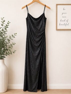 Black Metallic Shimmer Ruched Slit Maxi Dress Evening Gown